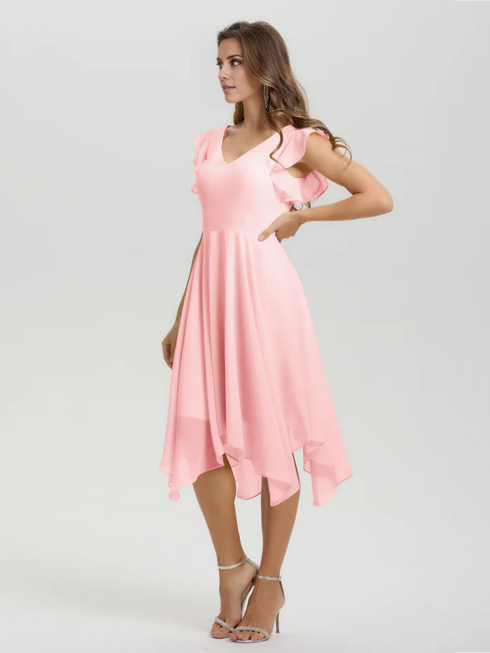 Lotus leaf edge sleeve V-neck asymmetrical tea long chiffon tea long bridesmaid dress