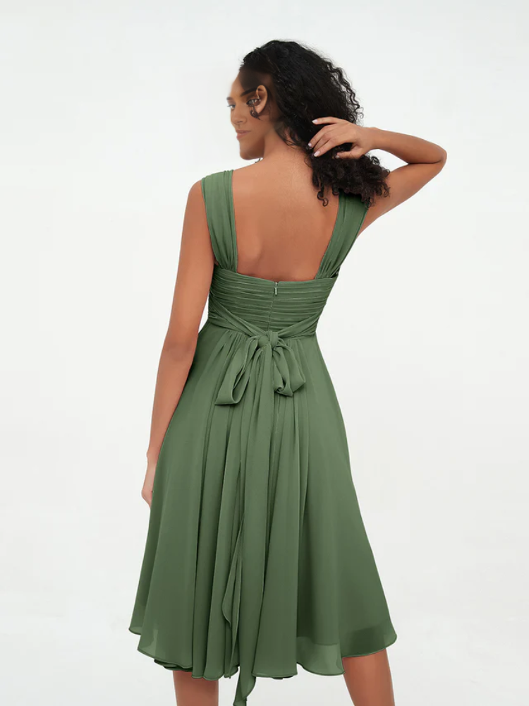 Sage Green Pleated Chiffon A-Line Knee-Length Dress