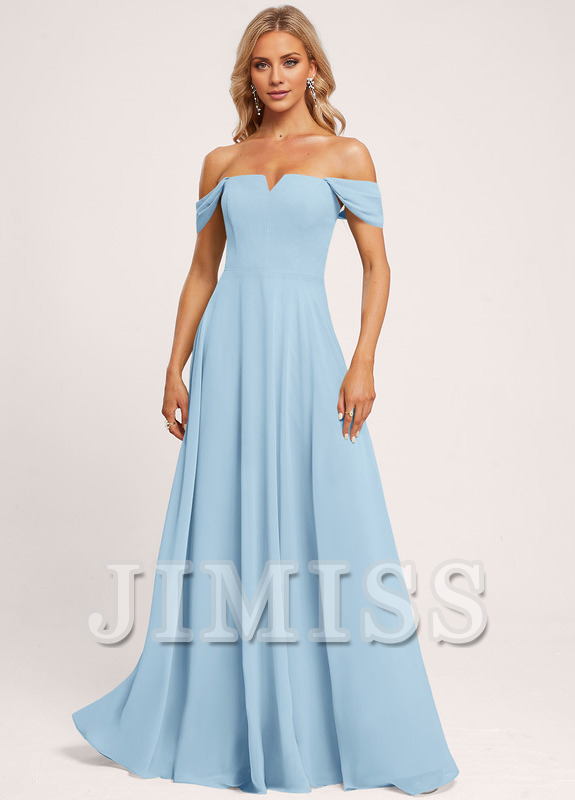 Abito da damigella d'onore in chiffon a trapezio, con spalle scoperte e lunghezza fino al pavimento