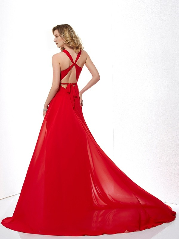 Red Chiffon A-Line Floor-Length V-Neck Evening Dress with Criss-Cross Bodice
