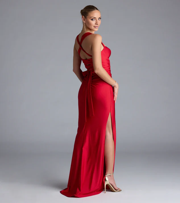 Vestido de fiesta Jimiss de satén con escote en forma de corazón, espalda descubierta, abertura lateral y largo hasta el suelo