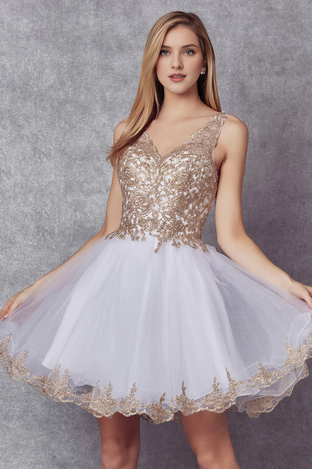 Vestido corto bordado sin mangas con cuello en V