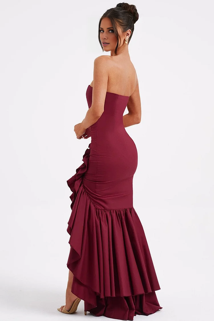 Vestido de fiesta Jimiss con hombros descubiertos, cuello alto, hombros descubiertos, sin mangas, sin tirantes, espalda descubierta, borde con volantes y largo hasta el suelo