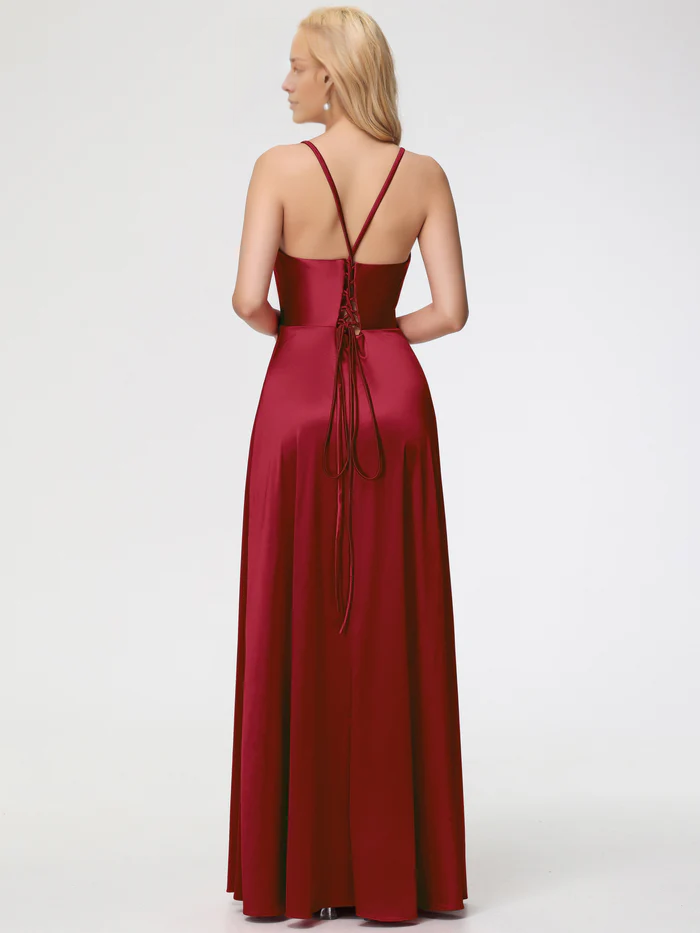 Vestido de fiesta de satén con escote en V y espalda con cordones de Jimiss