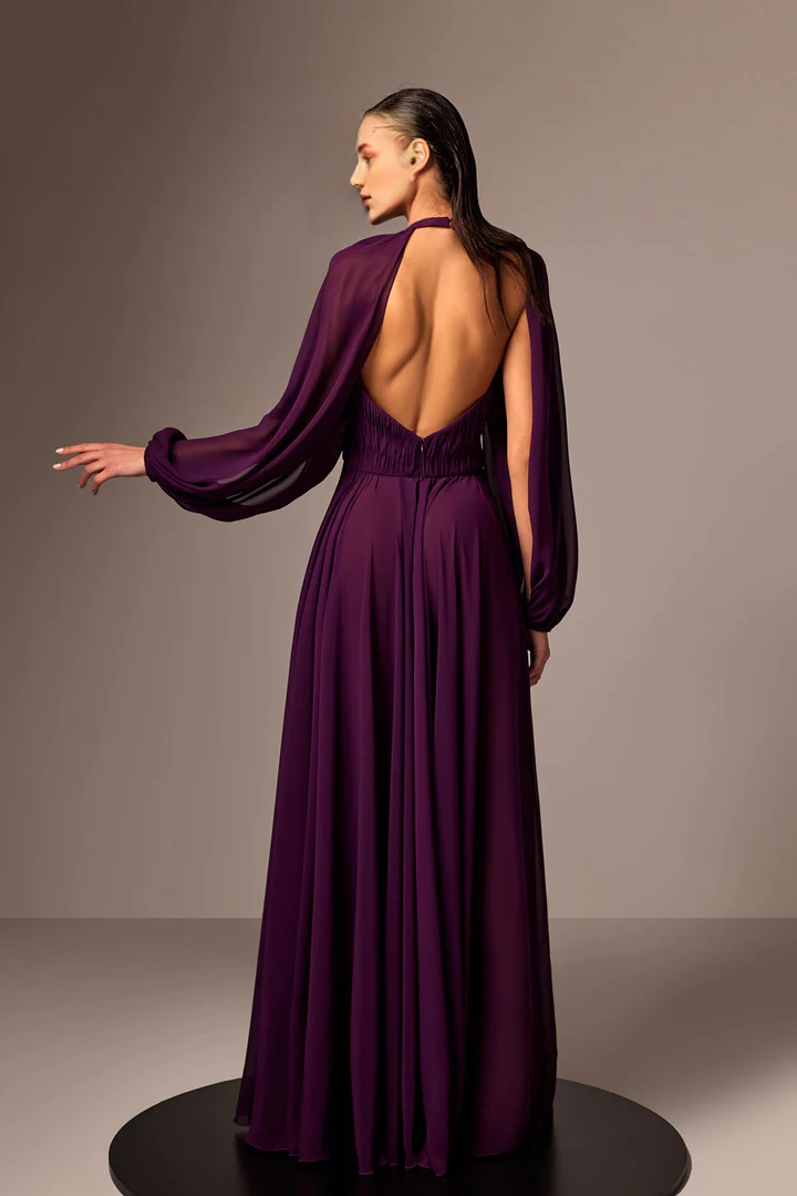 Purple Chiffon V-Neck A-Line Floor-Length Dress with Cold-Shoulder Sleeves