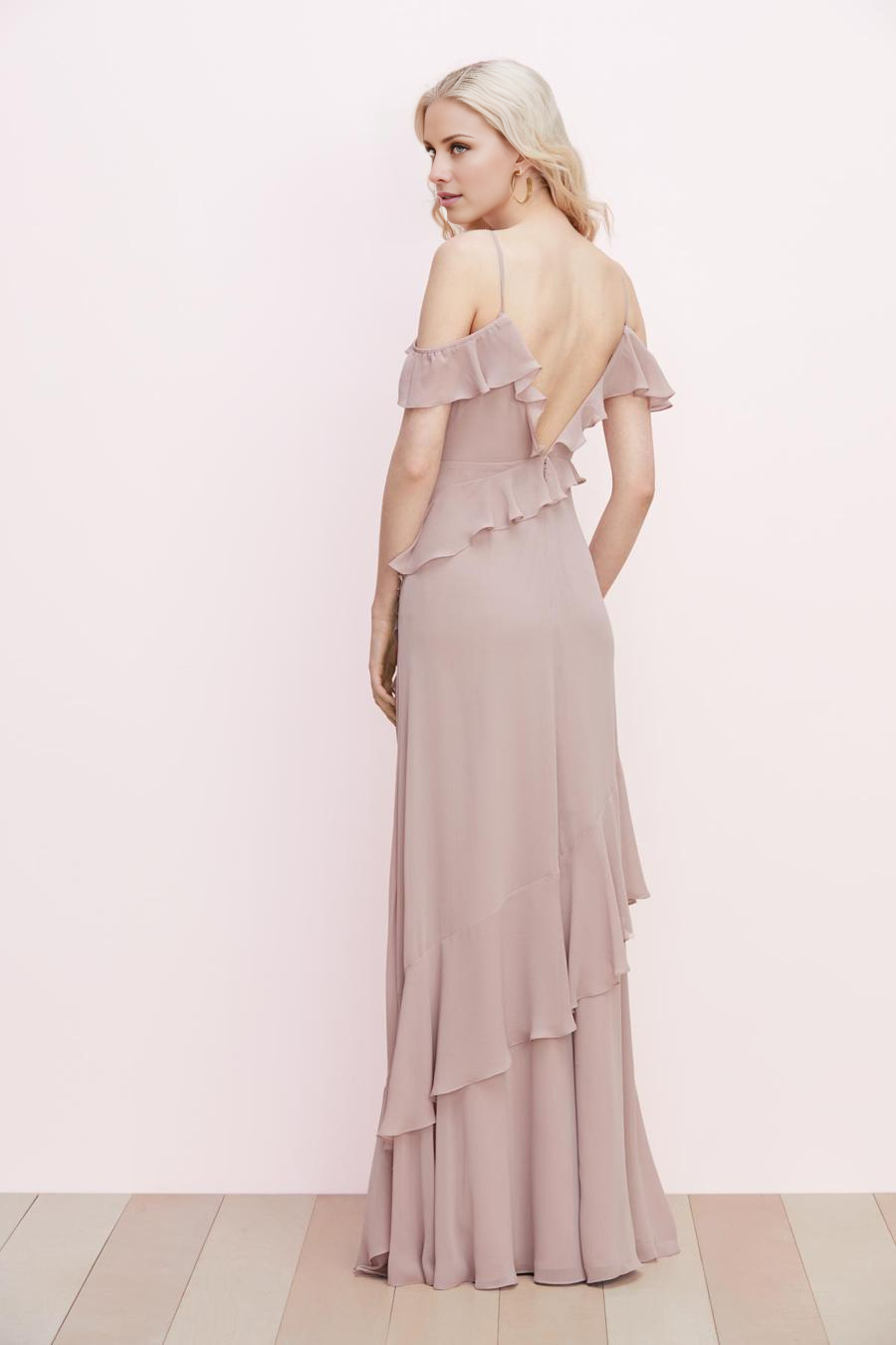 Vestido de noche Jimiss con escote en V, sin mangas, con tirantes finos, bordes con volantes y largo hasta el suelo