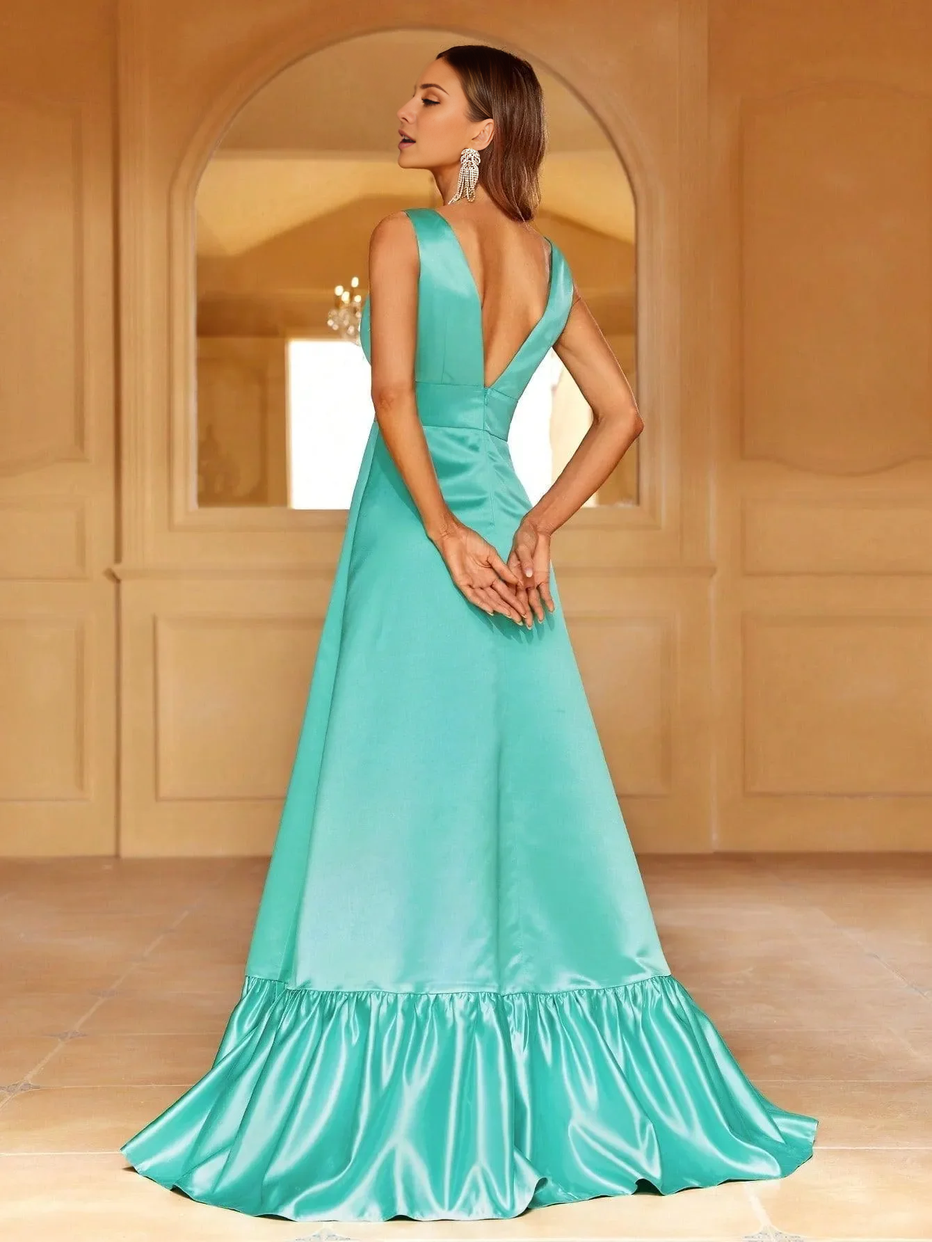 A-line deep V-neck sleeveless ruffle hem and floor length formal dress