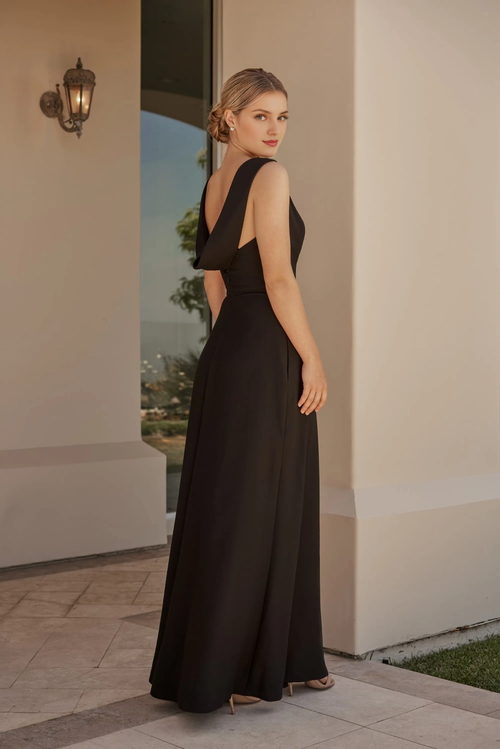 Black Crepe A-Line Floor-Length Bridesmaid Dress with Boat Neck & High Slit
