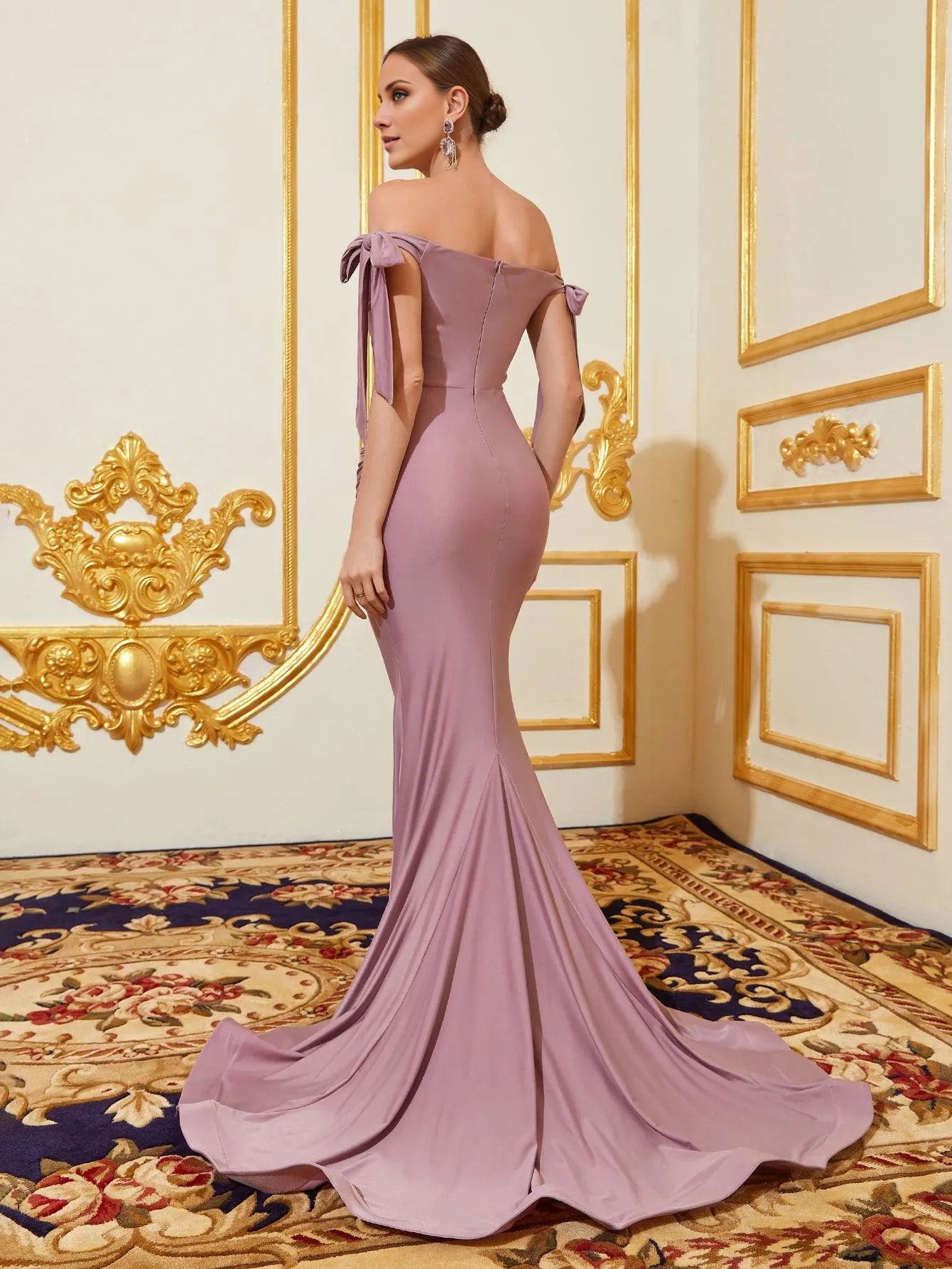 Mermaid off shoulder knot side fold front and floor length formal dresses