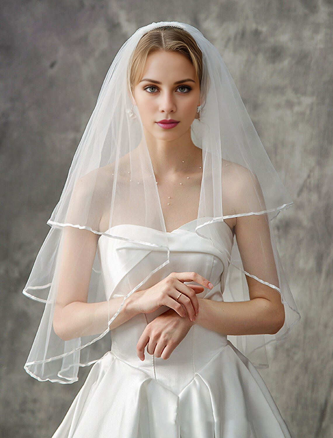 Jimiss - Velo de novia de doble capa de moda/europeo con velo hasta el codo combinado con un vestido de gasa de color sólido/en capas que dejará una profunda impresión en 2025