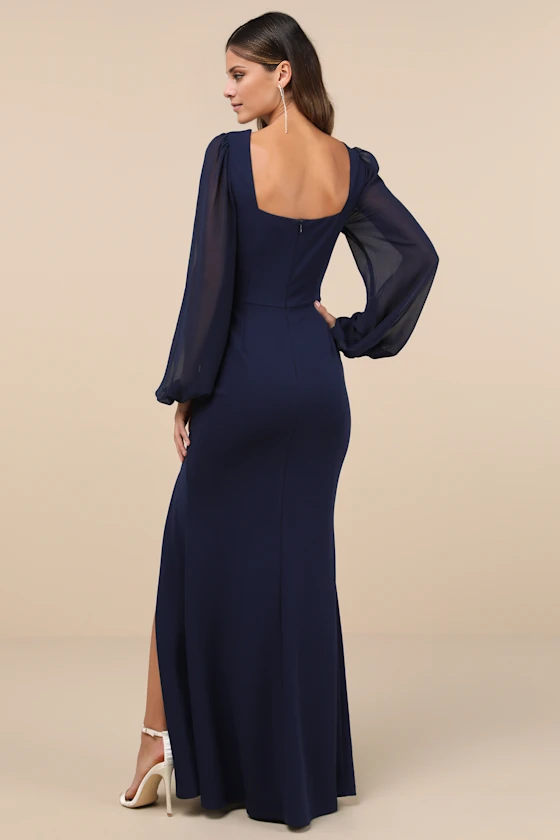 Jimiss V-neck long sleeved backless side slit and floor length evening dress