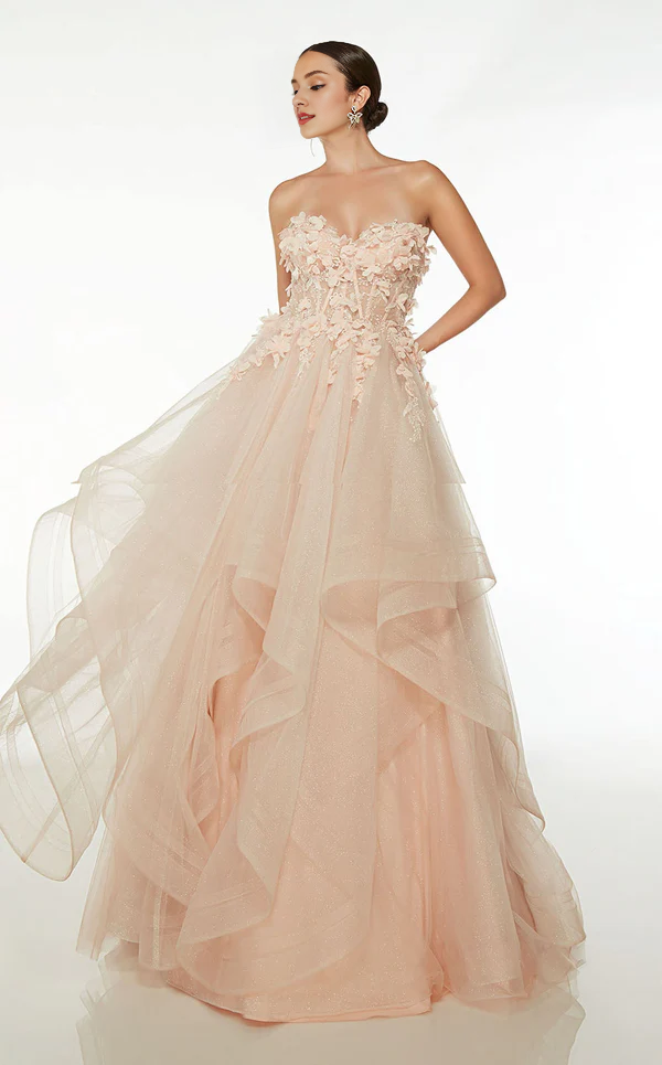 Abito da ballo a trapezio, senza spalline, con scollo a V e spalle scoperte, lungo fino a terra