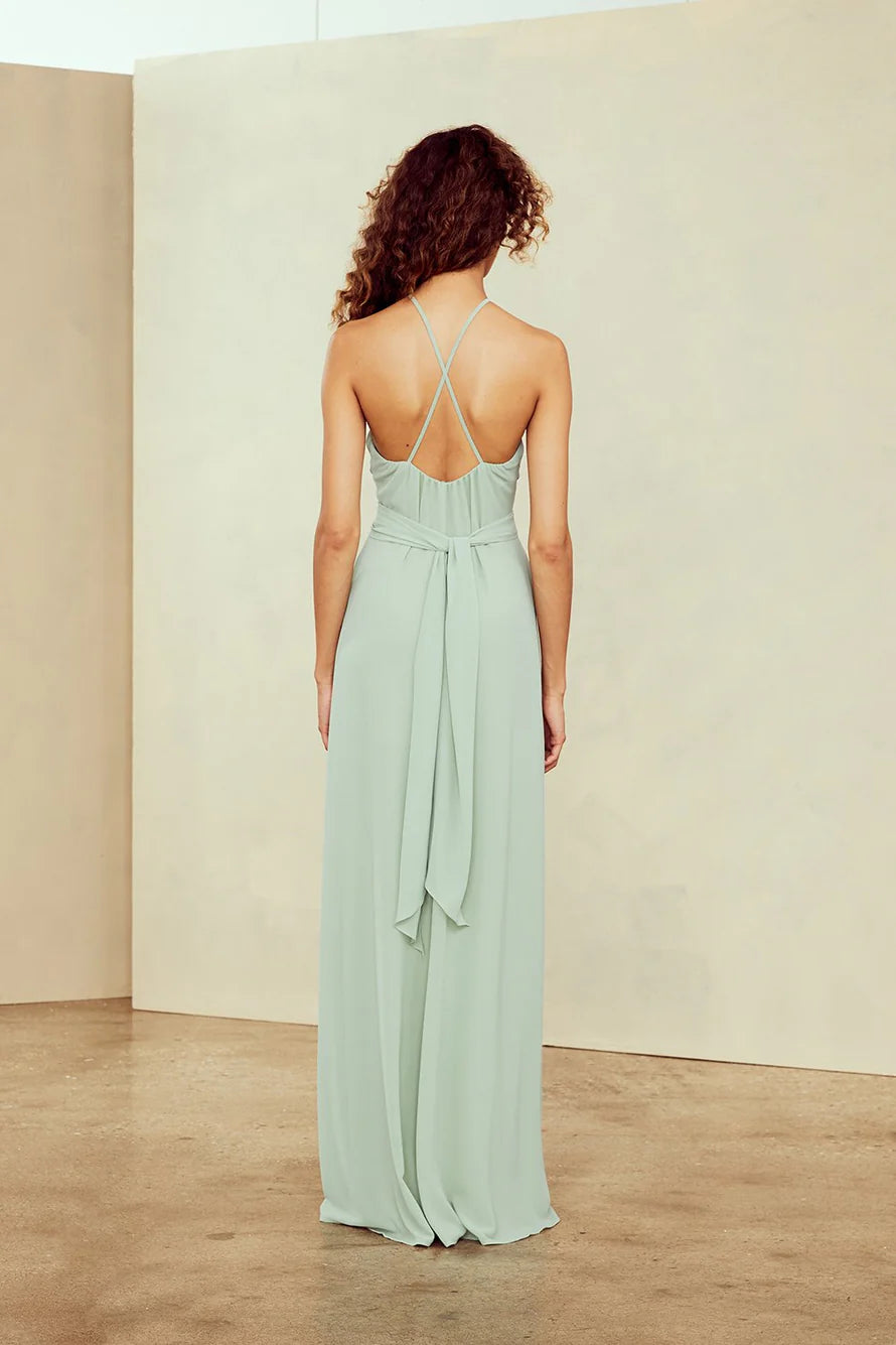 Vestido de noche Jimiss con escote halter, hombros descubiertos, sin mangas, espalda descubierta y largo hasta el suelo