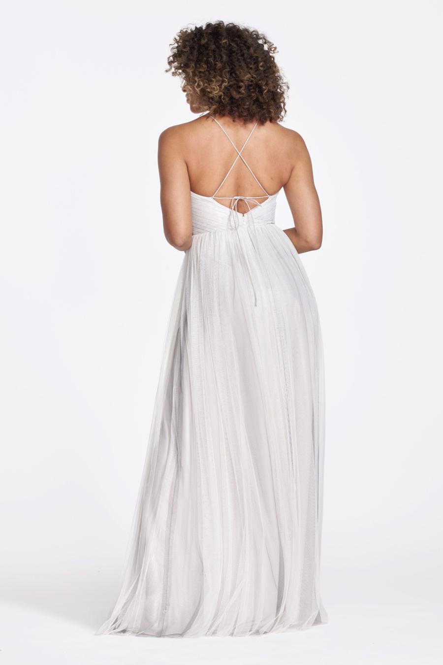 Ivory Tulle A-Line Floor-Length Bridesmaid Dress | V-Neck Backless & Pleated Bodice