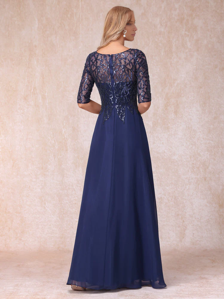 Dark Navy Sequin Bodice A-Line Chiffon Floor-Length Dress