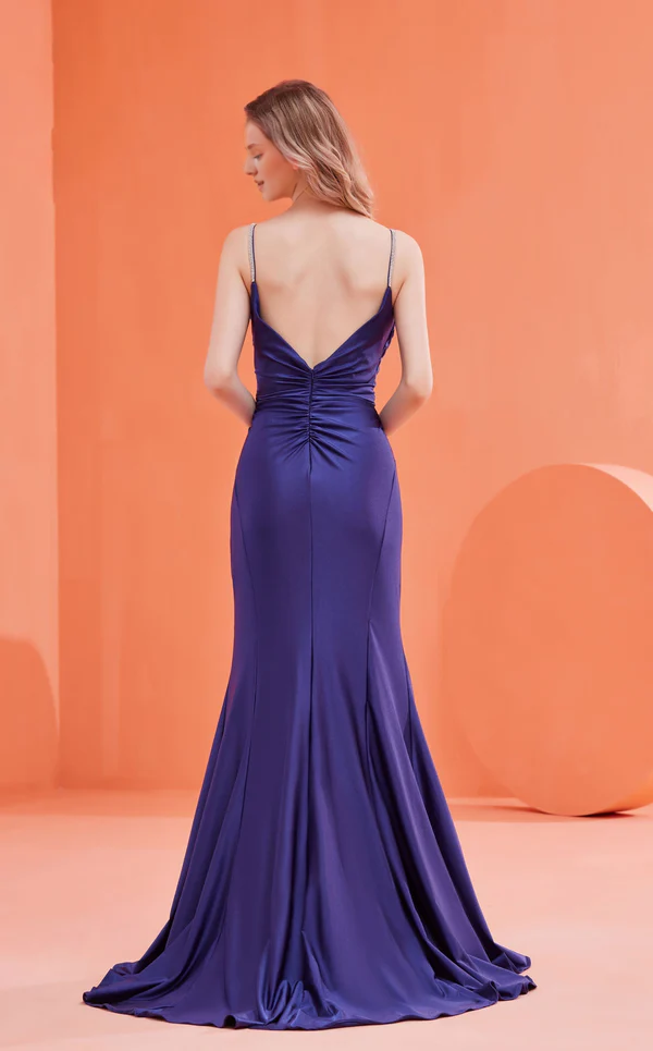 Thin shoulder strap slim fit cylindrical sleeveless fish tail and floor length Prom dress