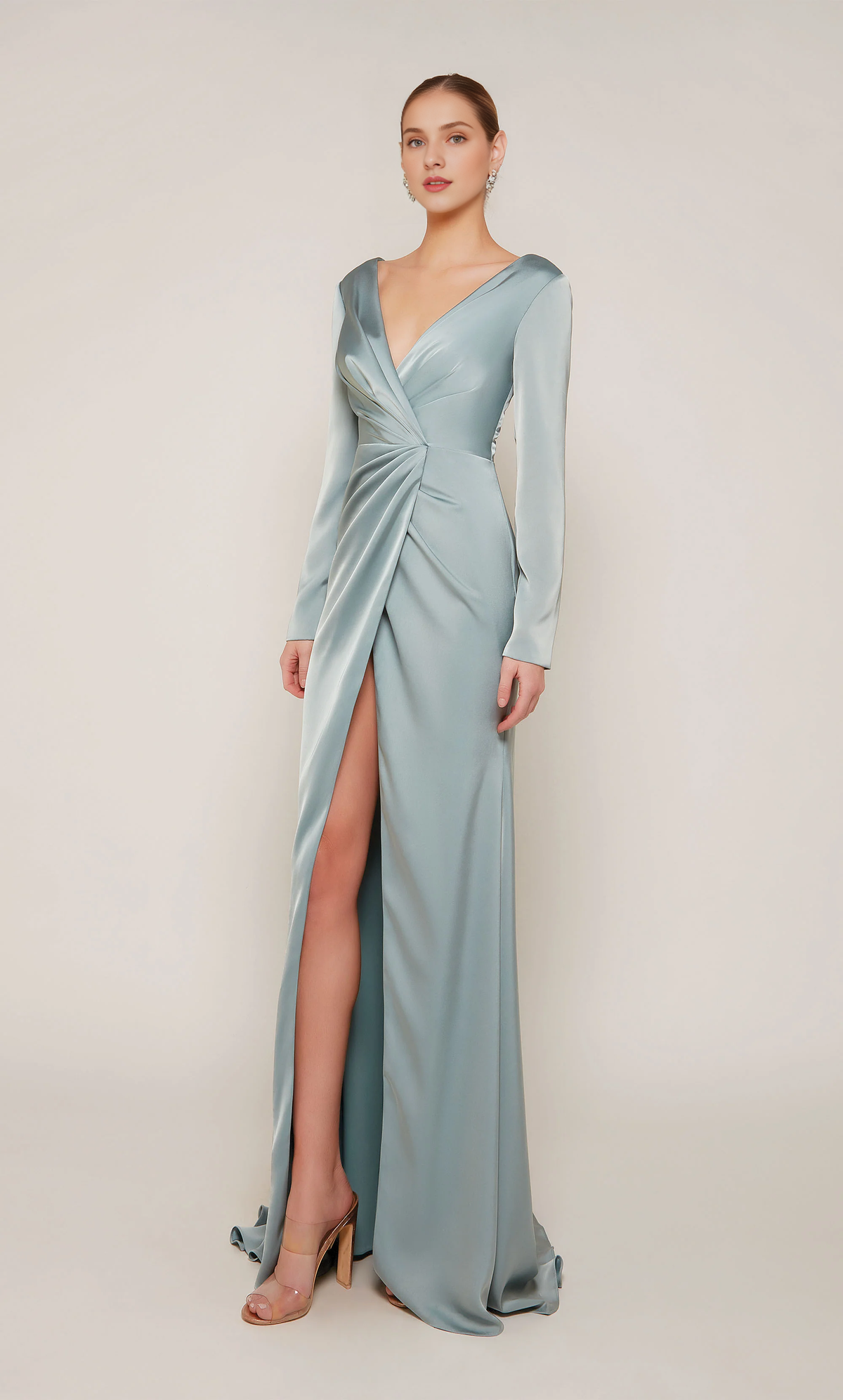 Dusty Blue Satin Sheath/column Floor-Length Gown with Draped V-Neck and High Slit