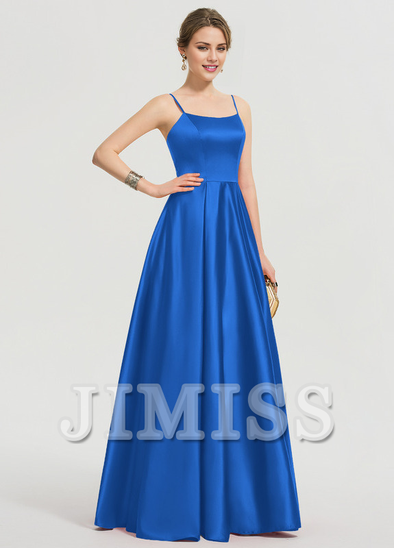 Vestido de fiesta largo hasta el suelo de satén con escote en A y corte cuadrado