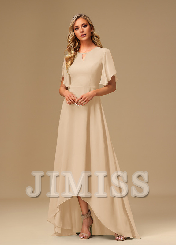 Vestido de dama de honor asimétrico de gasa con escote barco y volantes en forma de A