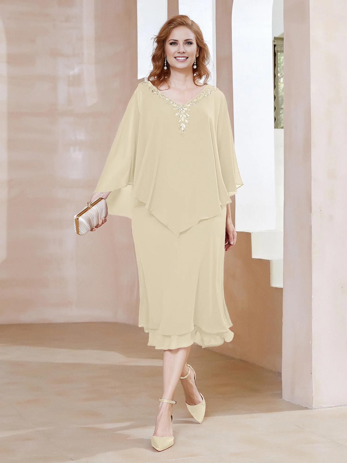 Olive Green Chiffon Knee-Length Dress with Cape Overlay & Beaded V-Neck