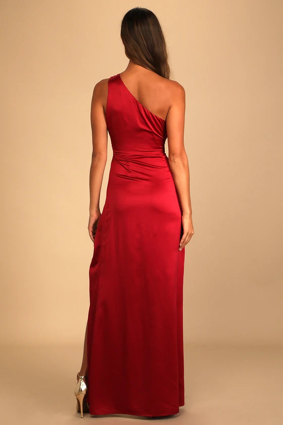 Cabernet One Shoulder Ruched Satin A-Line Floor-Length Dress