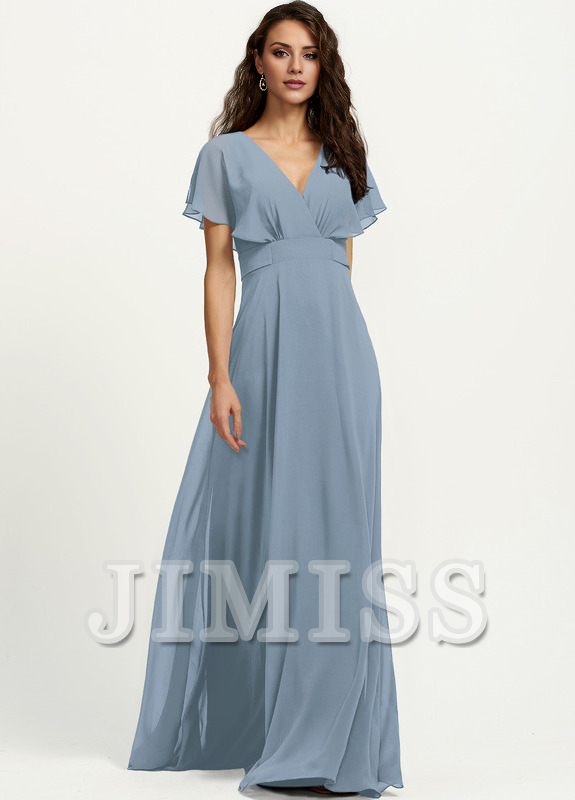 Abito da damigella d'onore in chiffon lungo fino al pavimento, con scollo a V e linea ad A