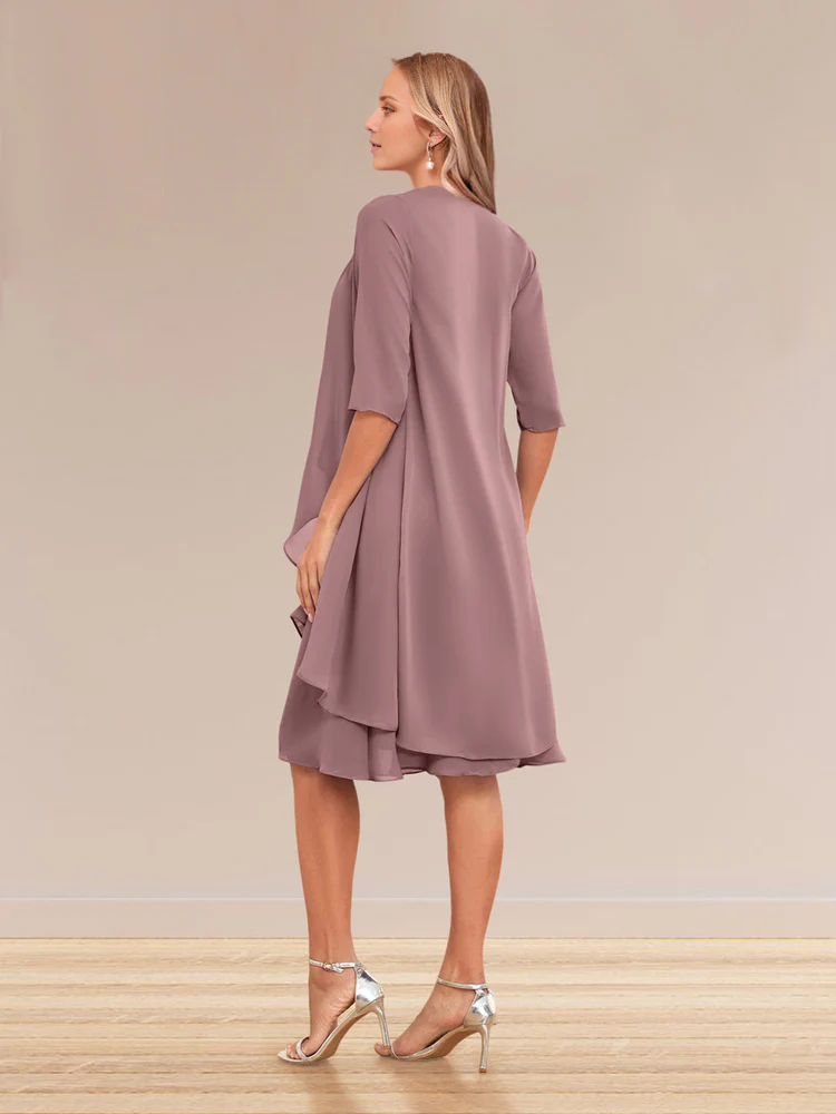 Dusty Rose Chiffon A-Line Tea-Length Mother of the Bride Dress with Pleated Bodice