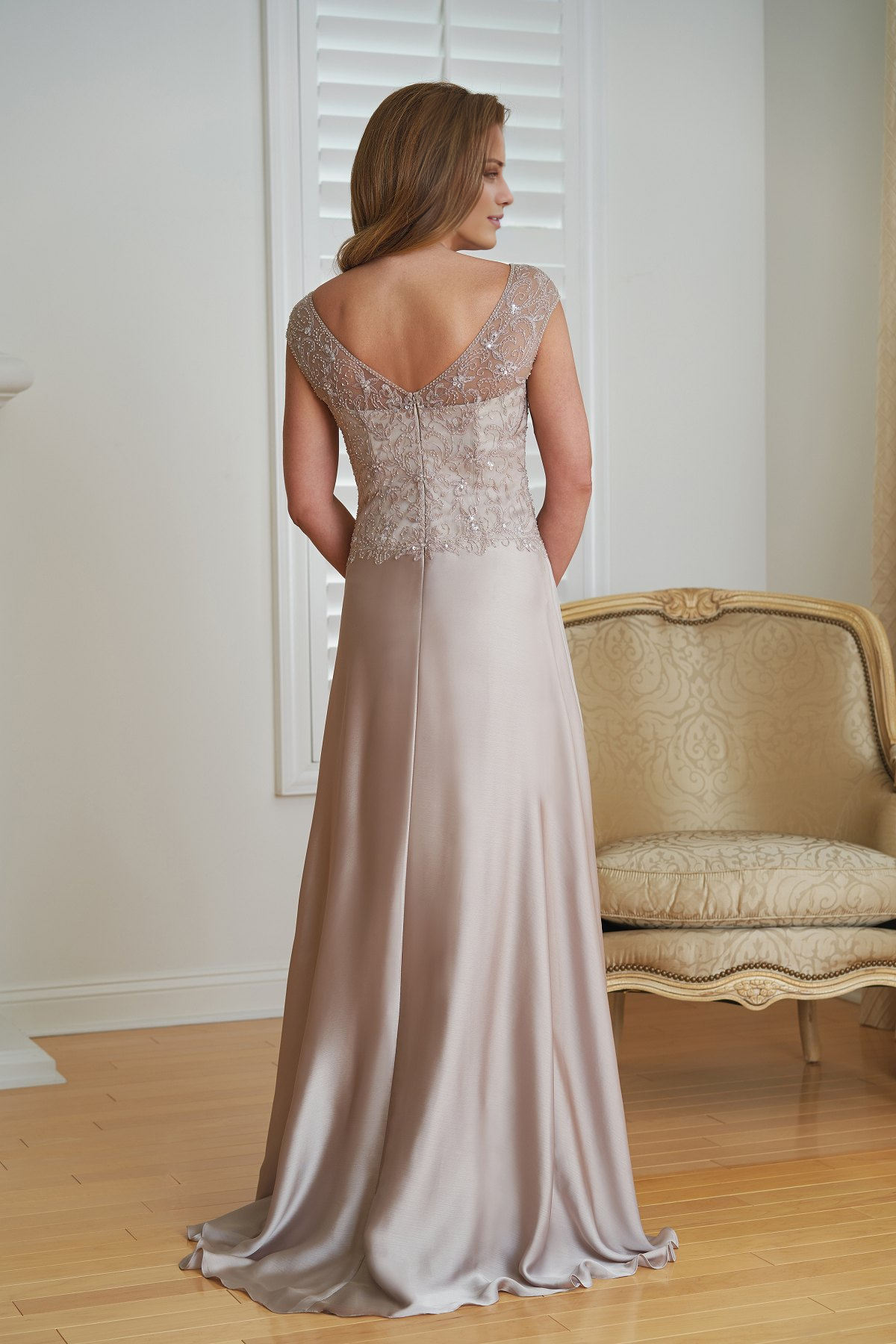 Champagne Satin A-Line Floor-Length Dress with Beaded Illusion Bodice