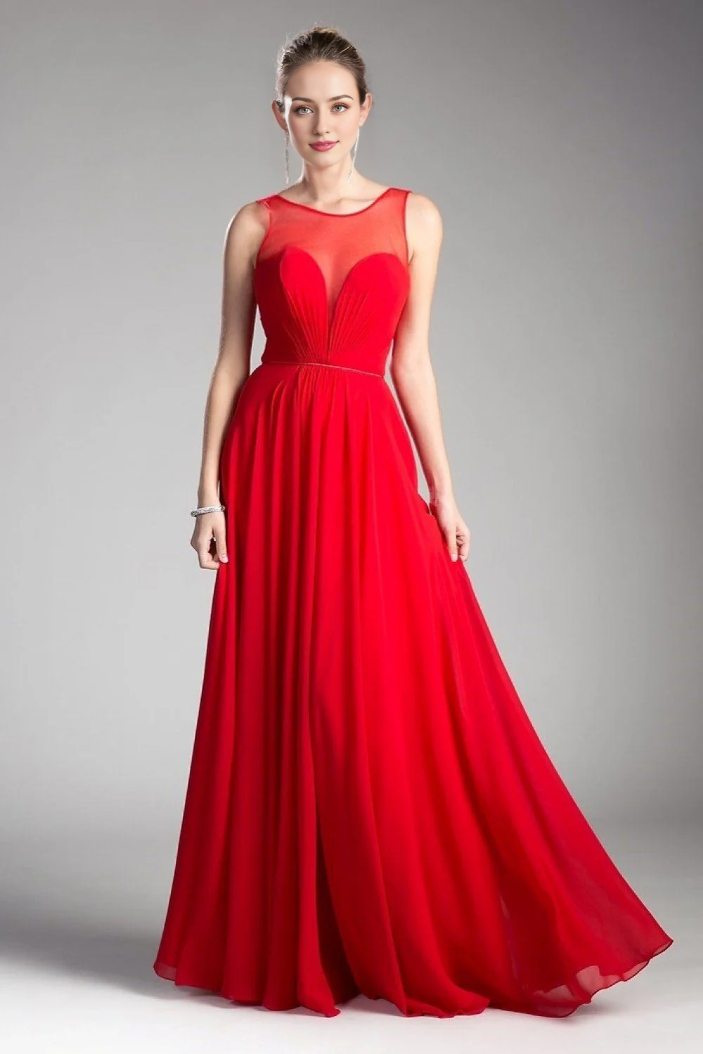 Sky Blue Chiffon A-Line Floor-Length Bridesmaid Dress with Illusion Neckline