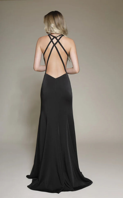 Black Crepe Halter Illusion V-Neck Floor-Length Sheath Dress with High Slit