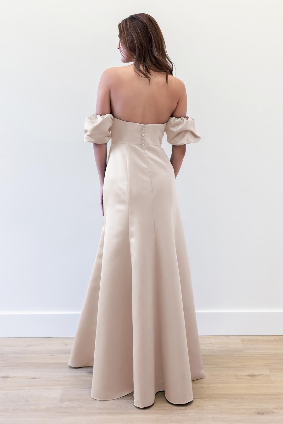 Vestido de noche Jimiss con hombros descubiertos, mangas abullonadas, botones en la espalda, sin espalda y largo hasta el suelo