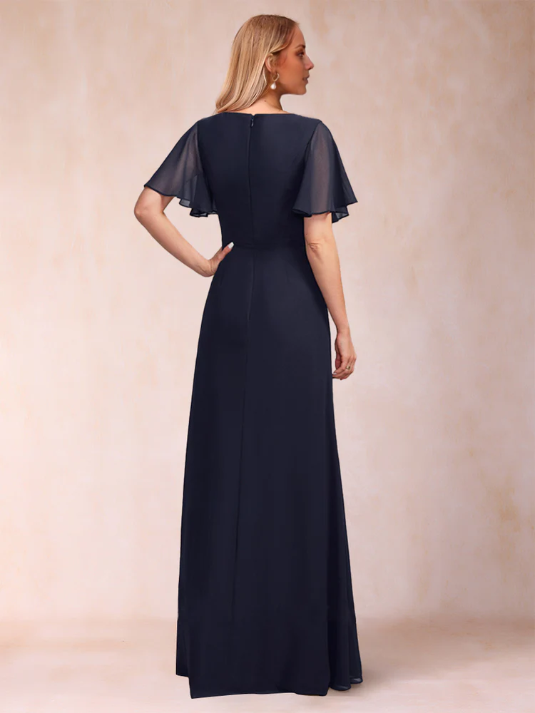 Dark Navy Chiffon A-Line Boat Neck Floor-Length Mother of the Bride Dress