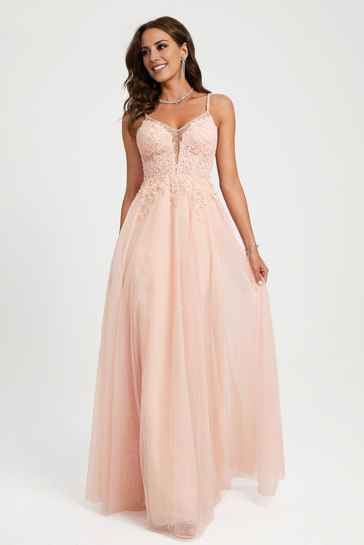 Blushing Pink Lace & Tulle A-Line Floor-Length Gown with V-Neck and High Slit