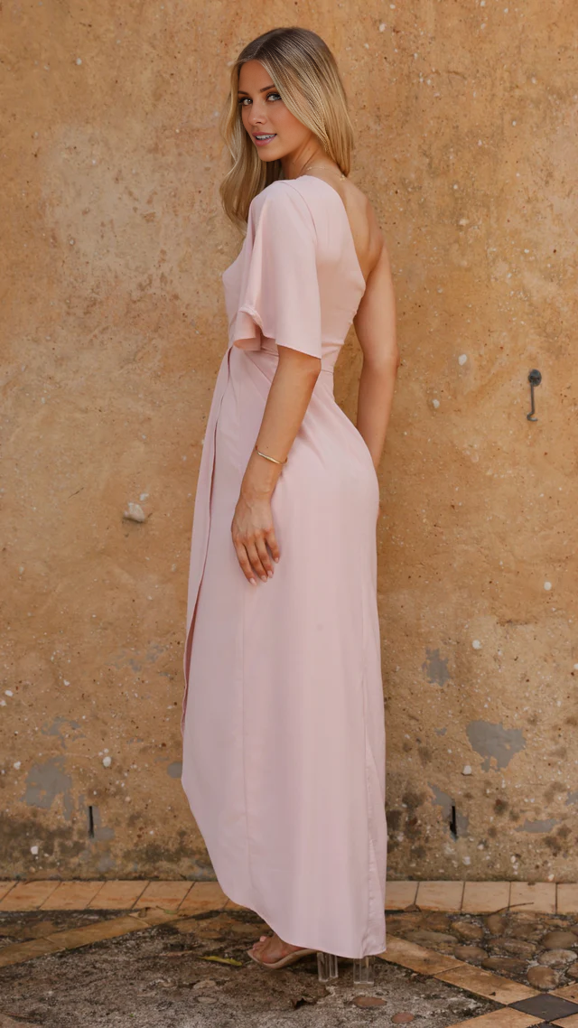 Vestido de fiesta Jimiss con cuello de un solo hombro, hombros descubiertos, manga corta, sin espalda y largo hasta el suelo