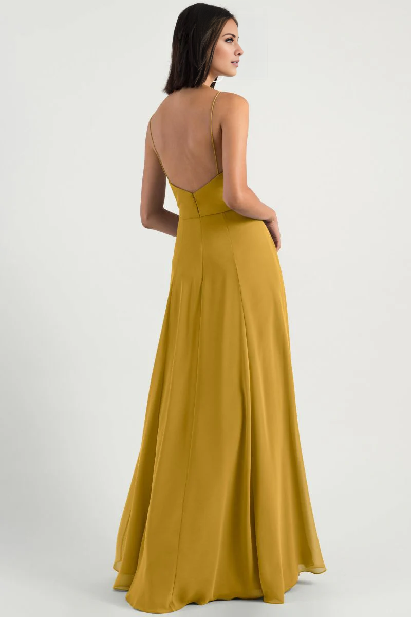 Vestido de noche Jimiss con escote en V, hombros descubiertos, sin mangas, tirantes finos, sin espalda y largo hasta el suelo