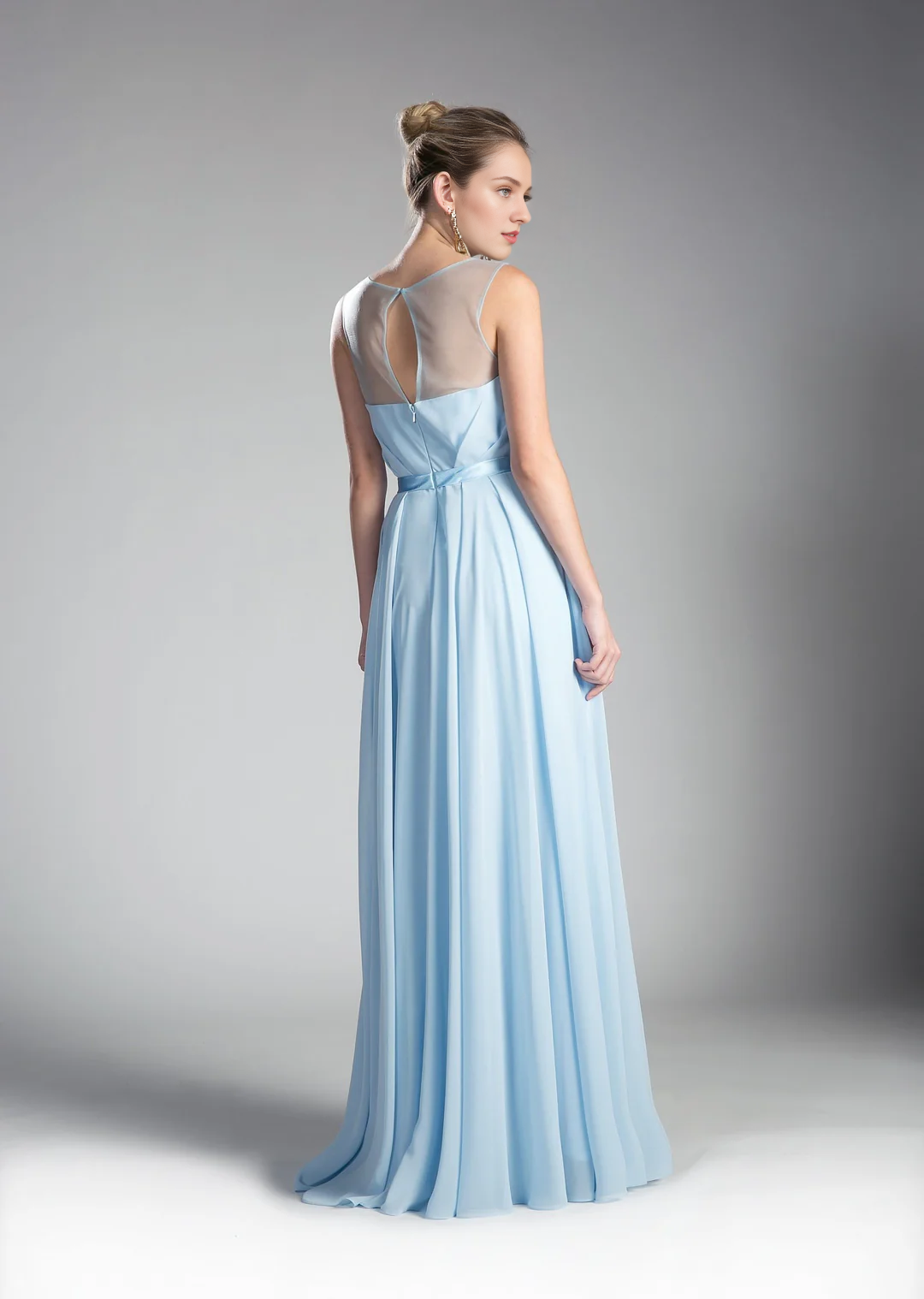 Sky Blue Chiffon A-Line Floor-Length Bridesmaid Dress with Illusion Neckline & Draped Bodice