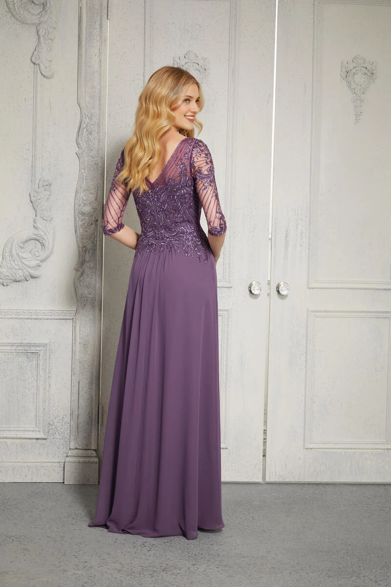 Lilac Chiffon A-Line Floor-Length Evening Dress with Embroidered Bodice