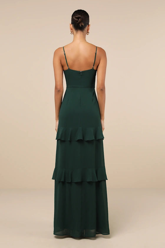 Vestido de noche Jimiss con escote en V, sin mangas, tirantes finos en los hombros, espalda descubierta, abertura lateral, borde con volantes y largo hasta el suelo