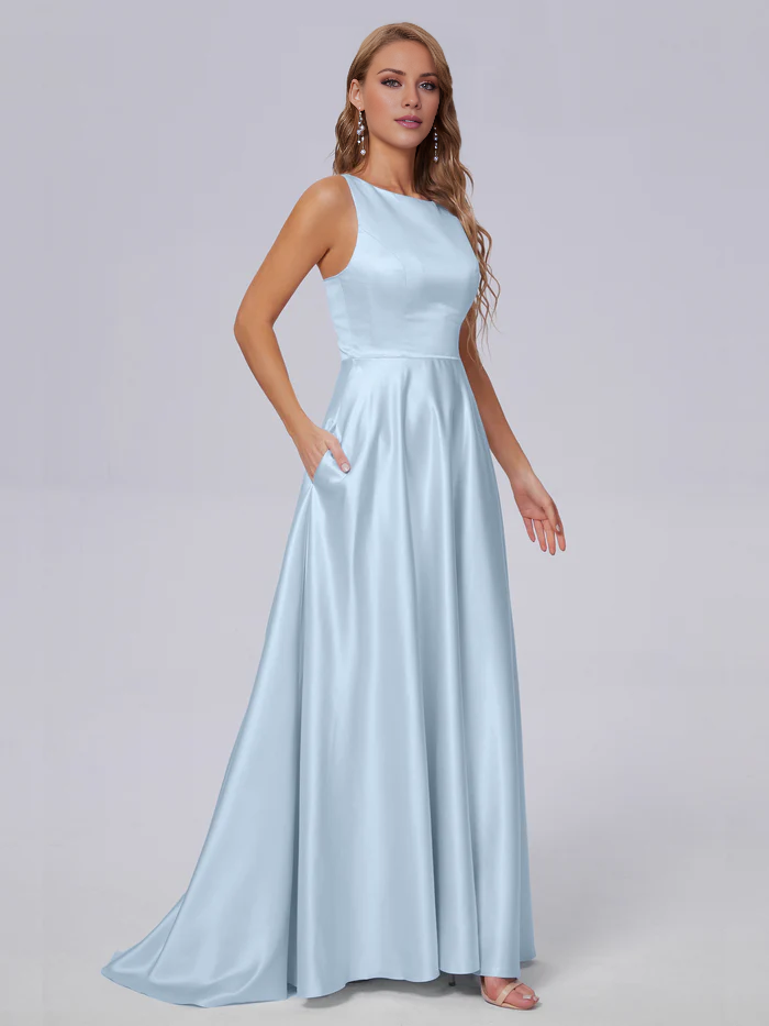 Sleeveless satin long and floor length bridesmaid dress