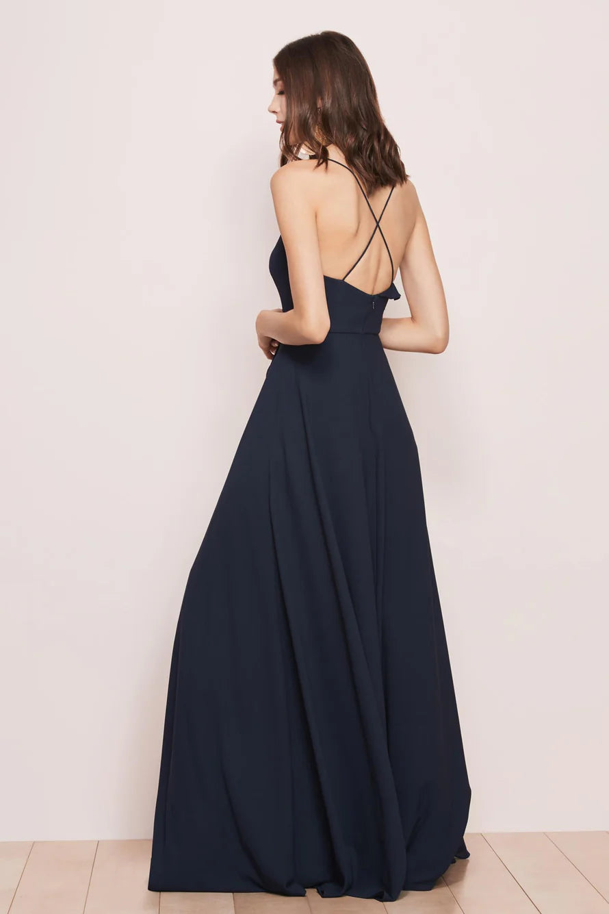 Vestido de fiesta Jimiss con escote en V, hombros descubiertos, tirantes finos, sin mangas, espalda descubierta, abertura lateral y largo hasta el suelo