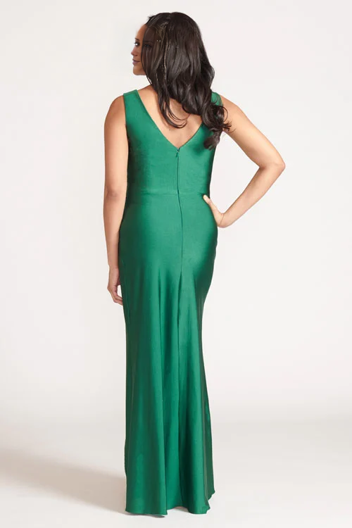 Vestido de fiesta Jimiss con escote en V profundo, sin mangas, hombros descubiertos, abertura lateral y largo hasta el suelo