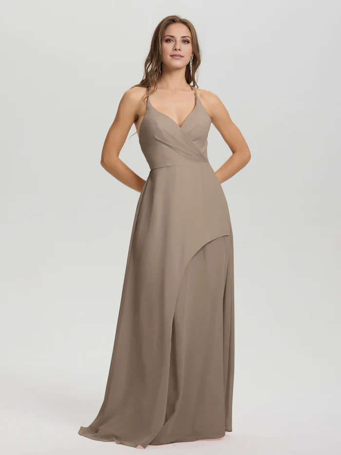 Shoulder strap V-neck backless long chiffon formal and floor length Bridesmaid dresses