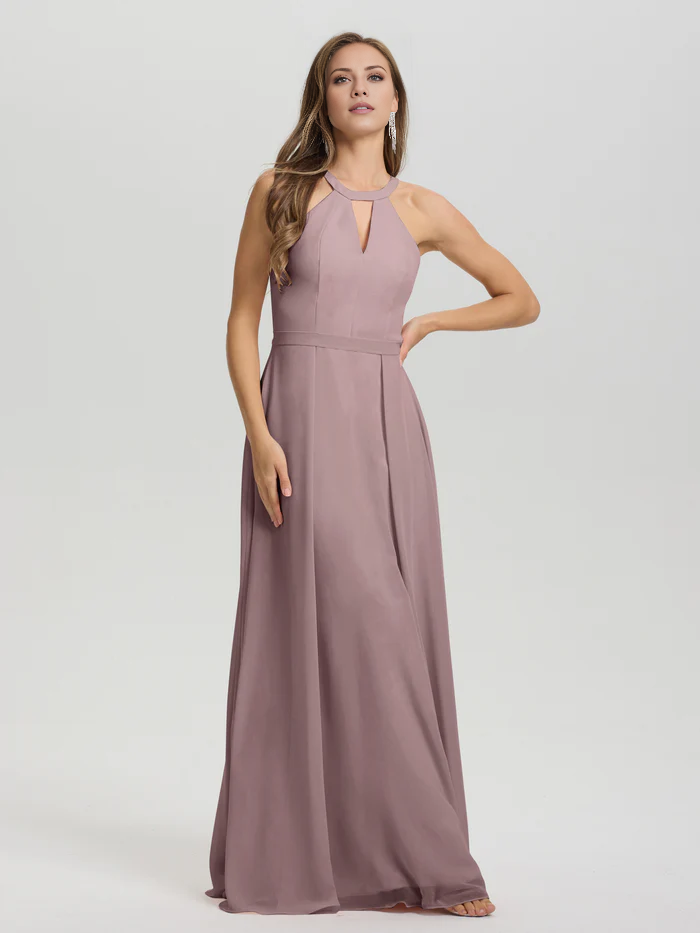A-line keyhole collar sleeveless chiffon and floor length bridesmaid dress