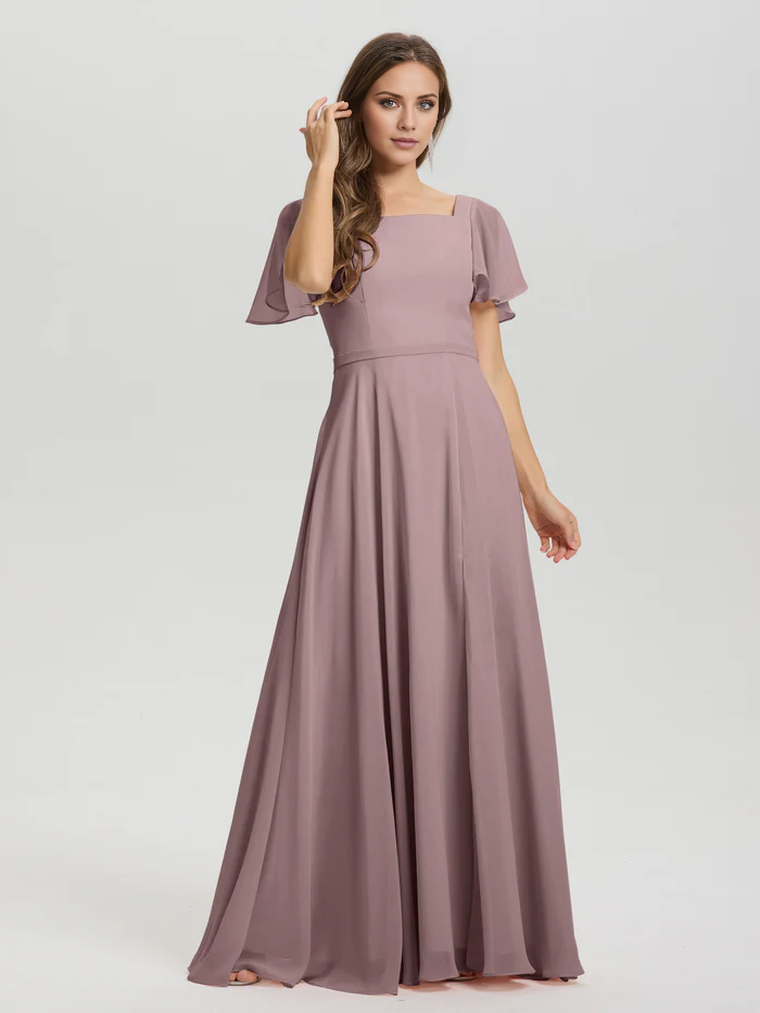 Vestido de dama de honor de gasa con cuello cuadrado, corte A, mangas cortas con volantes y largo hasta el suelo