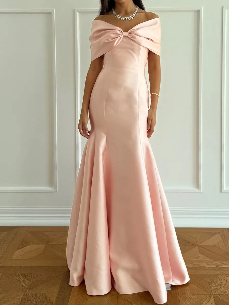 Elegant Mermaid Off-Shoulder Short Sleeve V-Back Long Prom Dress