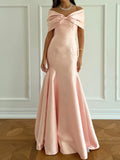 Elegant Mermaid Off-Shoulder Short Sleeve V-Back Long Prom Dress