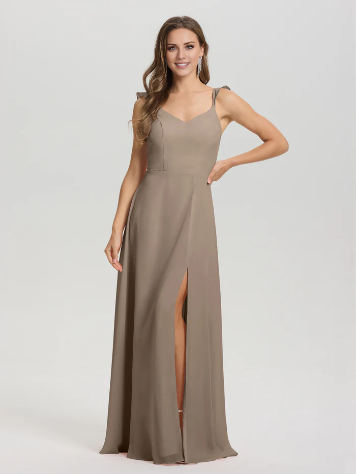 Vestido de dama de honor largo hasta el suelo con abertura en gasa con escote en V y tirantes anudados