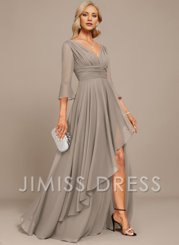 Stormy Chiffon A-Line Asymmetrical Bridesmaid Dress with V-Neck and Pleated Bodice