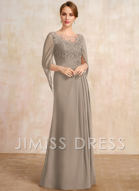 Dark Navy Chiffon A-Line Floor-Length Dress with Illusion Neck & Cape Sleeves