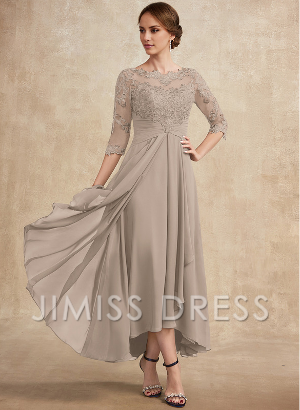 Slate Blue Chiffon A-Line Asymmetrical Evening Dress with Lace Bodice and Boat Neck